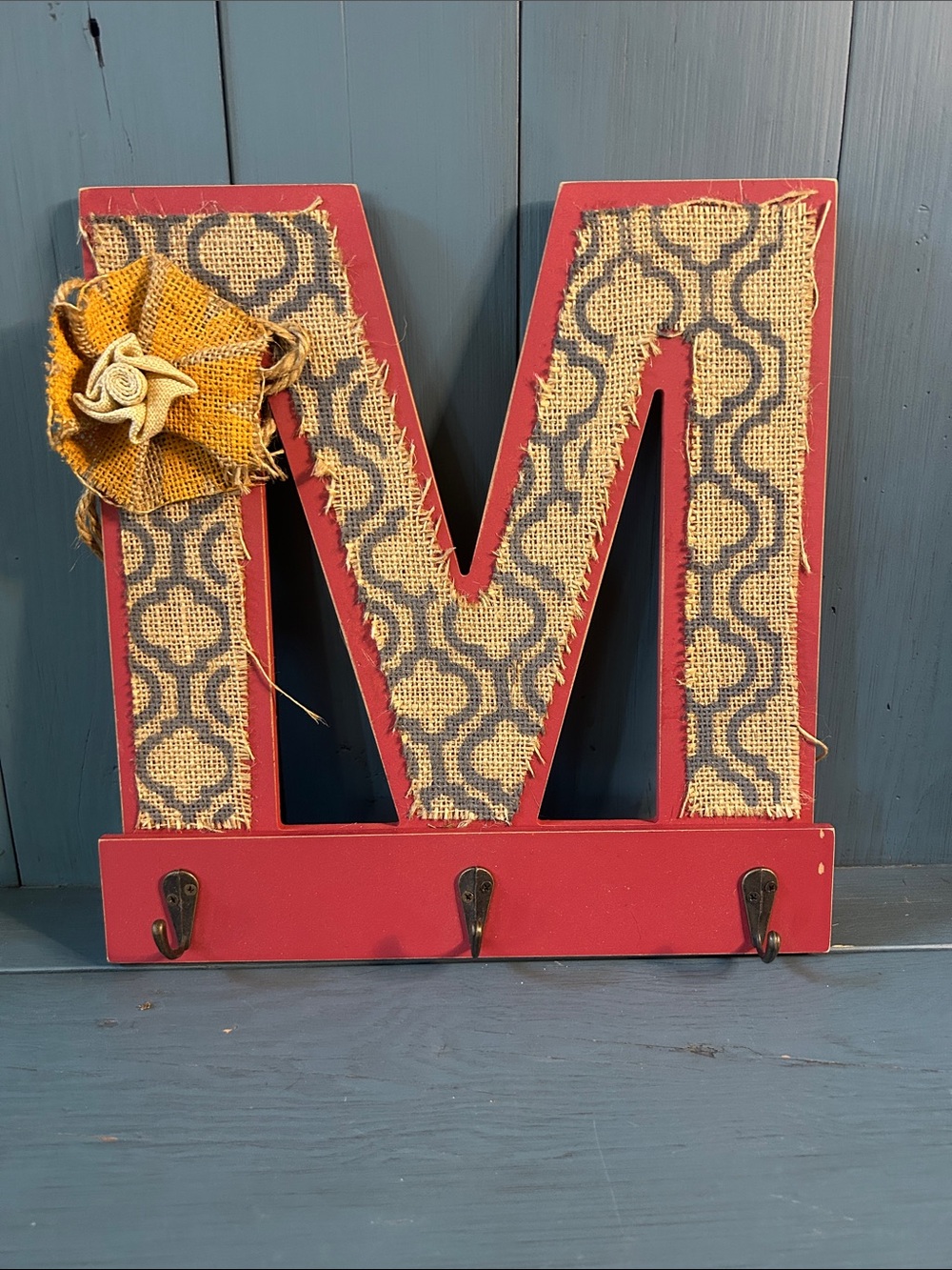 Hand Crafted Red Burlap Letter “M” Wall Hook with Yellow Burlap Flower